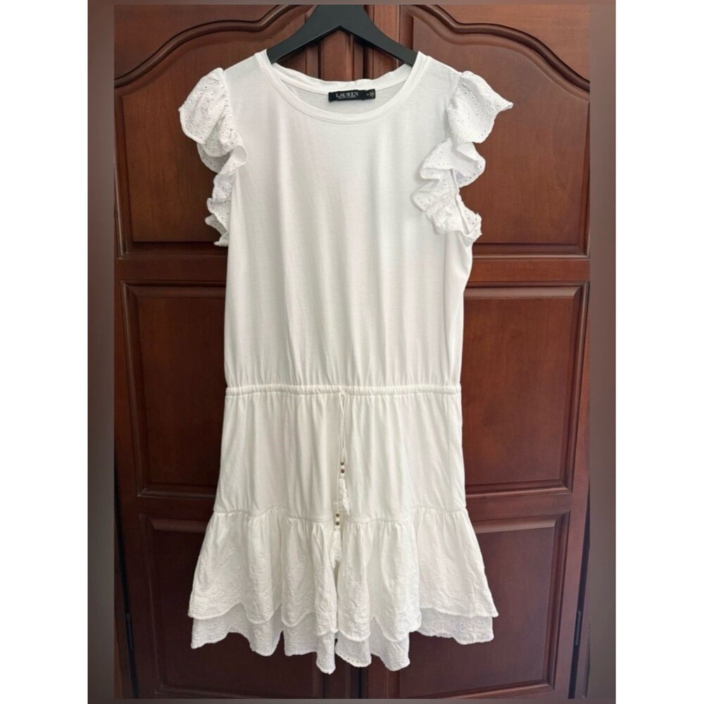 Lauren Ralph Lauren White Eyelet Jersey Dress Ruffle Sleeve Drawstring Size 14